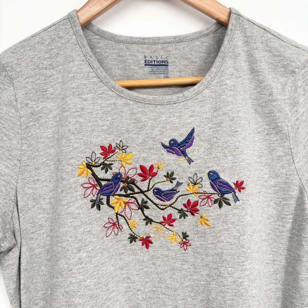 Basic Editions Gray Colorful Bird Embroidered 100% Cotton Shirt Size L